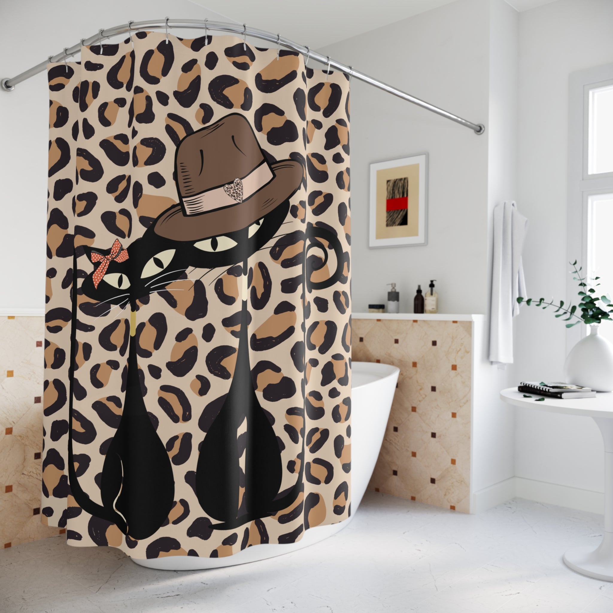 Atomic Cat Mid Century Modern Leopard Print, Mod Couple, Kitschy 50s Shower Curtain