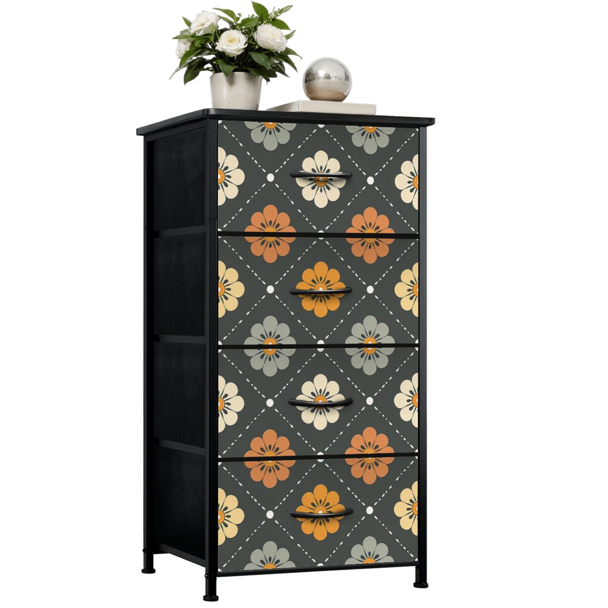 Scandinavian Floral, Mustard Yellow, Gray Mid Century Modern 4-Drawer Dresser - Mid Century Modern Gal