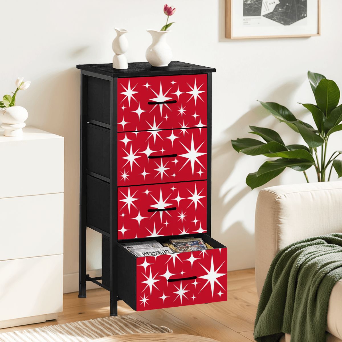 Atomic Starburst Red White Mid Century Modern 4-Drawer Dresser - Mid Century Modern Gal