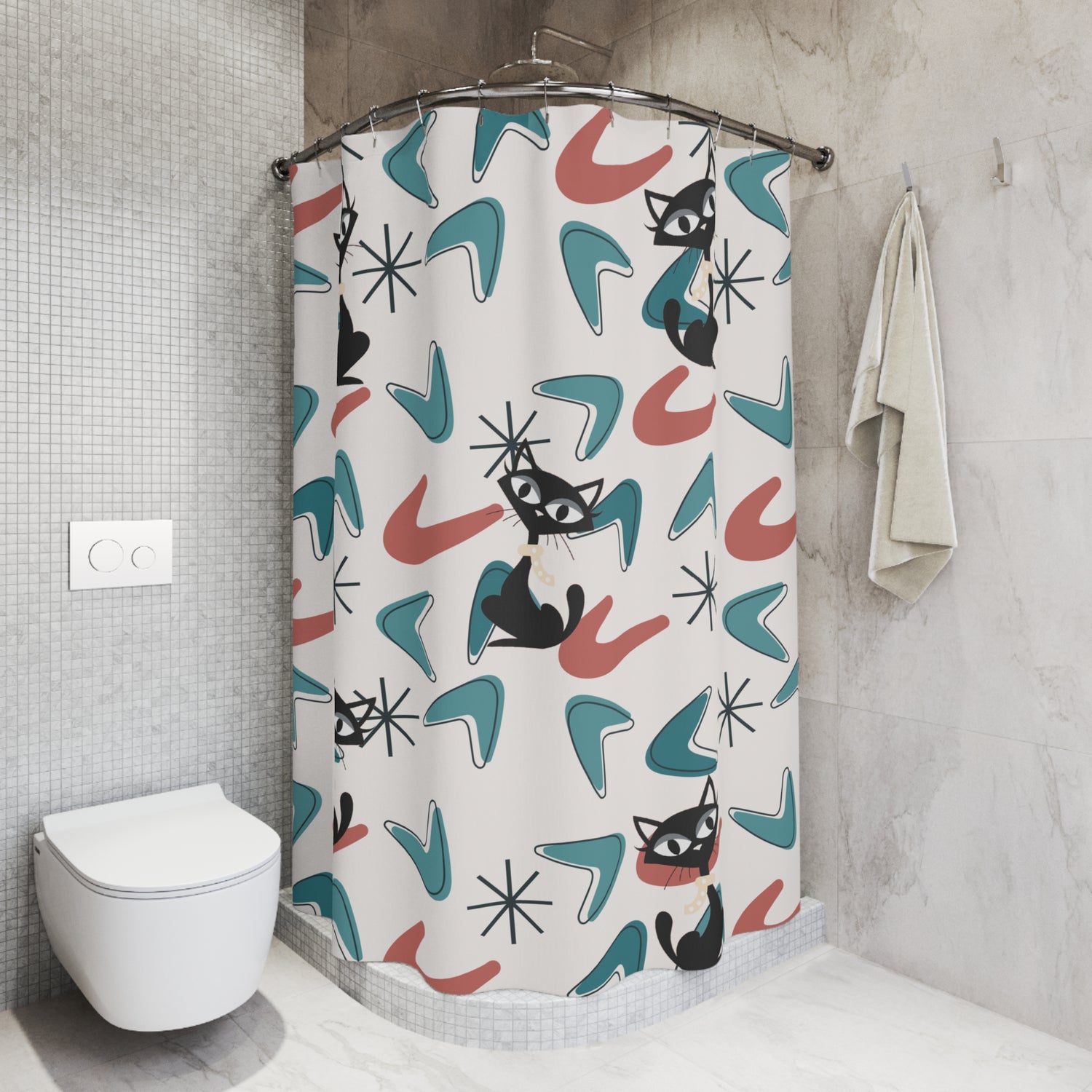 Atomic Cat Bathroom Shower Curtain, Kitschy MCM Boomerang Retro Bath Decor