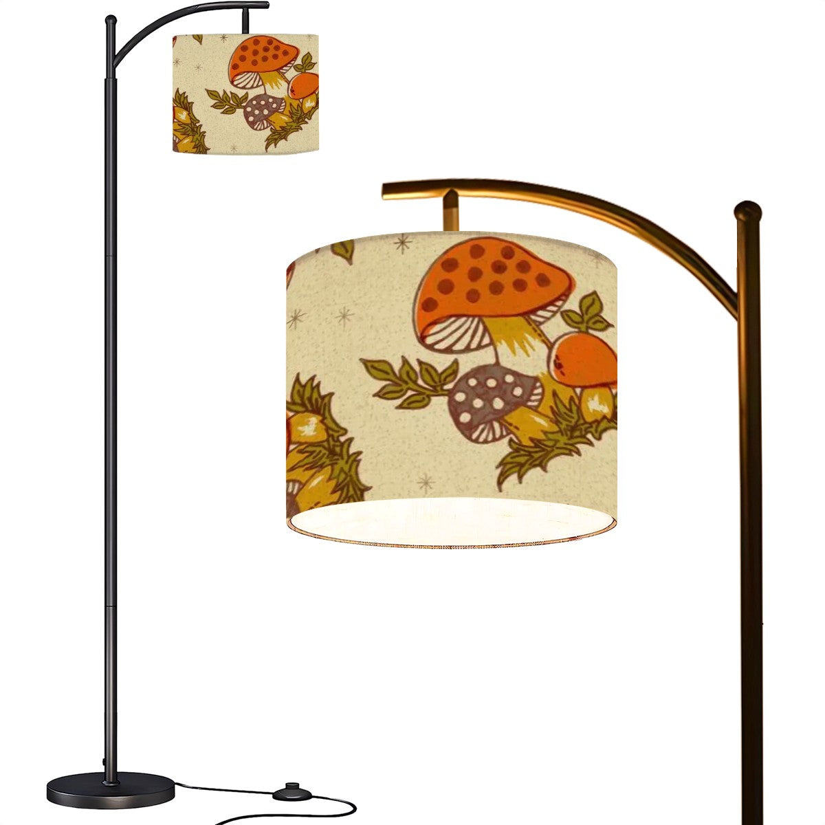 Arc Floor Lamp Adorned in 1970s Merry Mushroom Retro Mod Lighting