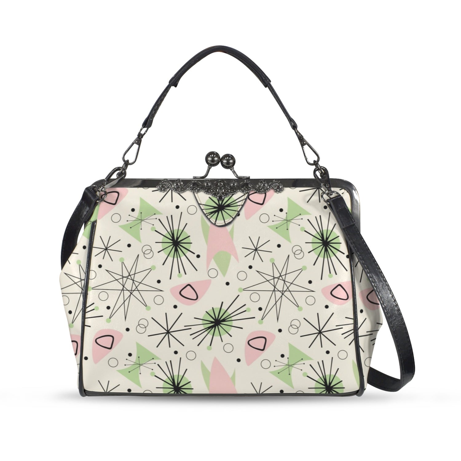 Mid Century Modern Atomic Starburst Vanilla White Pink Green Kisslock Crossbody Purse - Mid Century Modern Gal