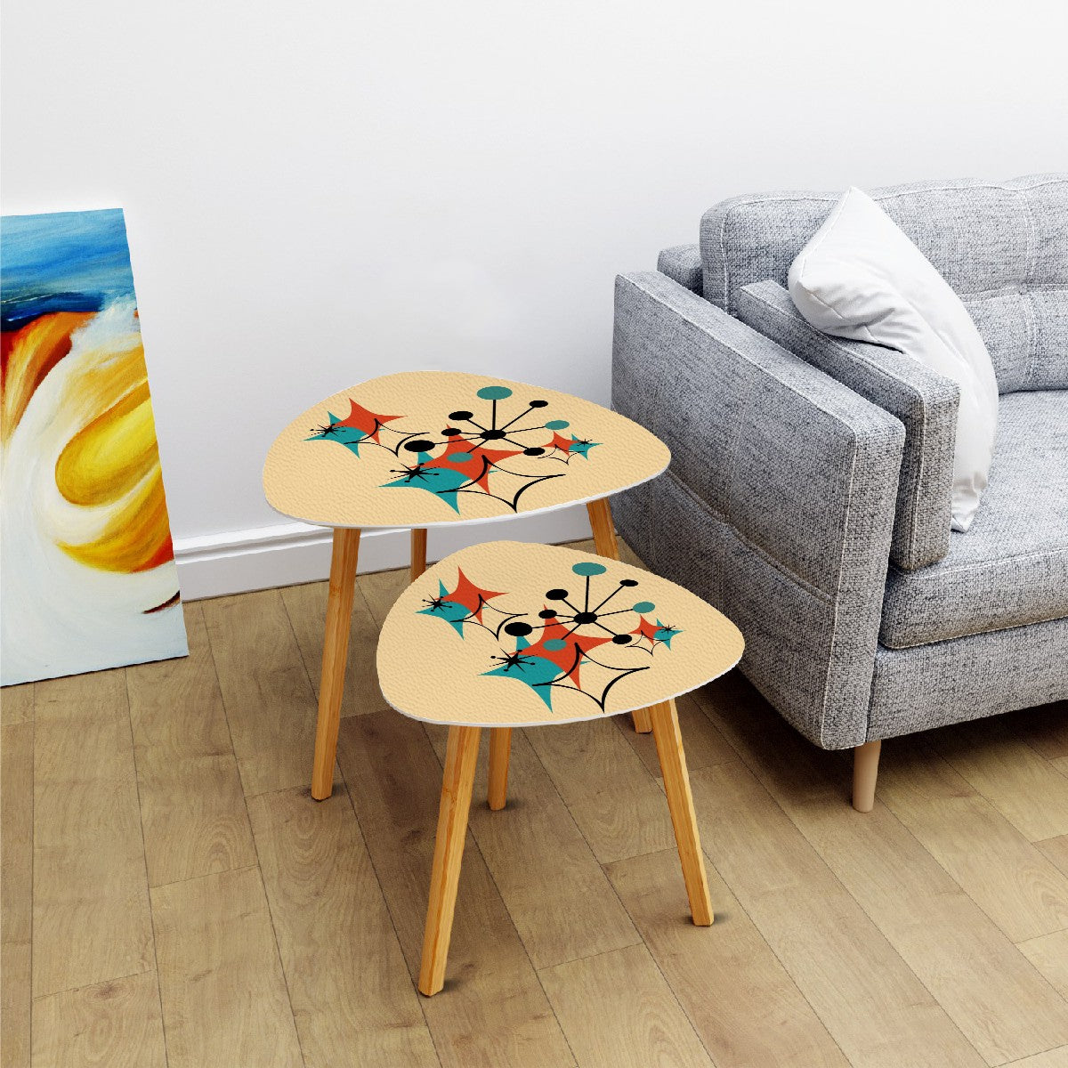 Mid Century Modern Atomic Starbursts, Retro Triangle Coffee Table Set - Mid Century Modern Gal