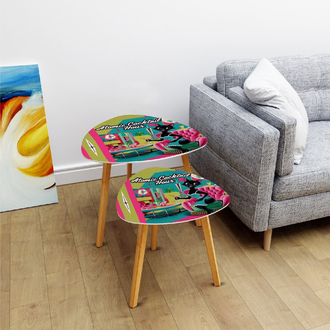 Mid Century Modern Bar Tables, Atomic Cat And Cocktails Kitschy Mod Nesting Tables - Mid Century Modern Gal