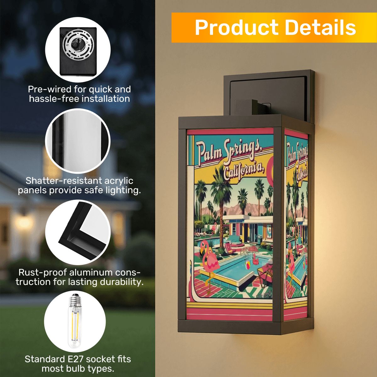 Palm Springs California Flaming Kitschy Mod Fun Patio Wall Light - Mid Century Modern Gal