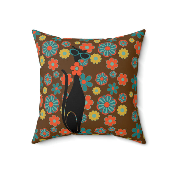 Flower Power, Groovy Atomic Hippie Cat, Brown, Orange, Teal Yellow Retro Square Pillow