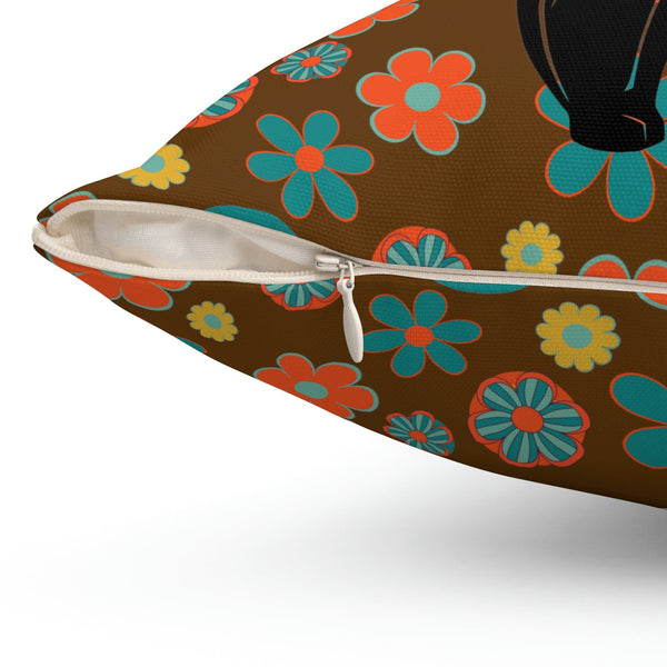 Flower Power, Groovy Atomic Hippie Cat, Brown, Orange, Teal Yellow Retro Square Pillow