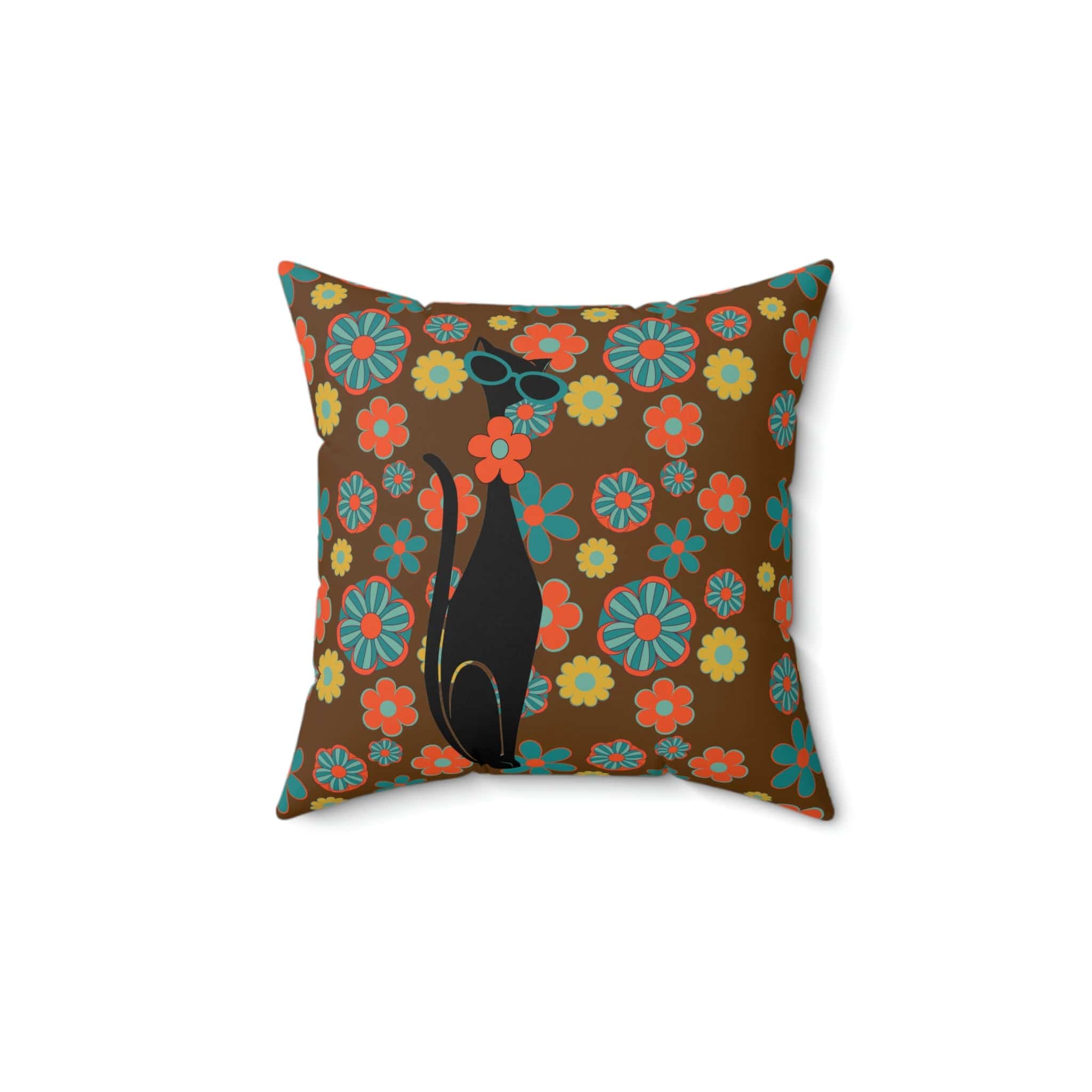 Flower Power, Groovy Atomic Hippie Cat, Brown, Orange, Teal Yellow Retro Square Pillow Home Decor