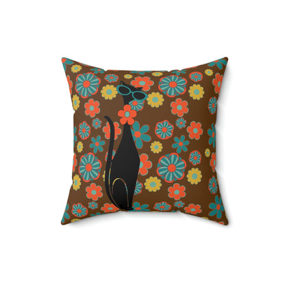 Flower Power, Groovy Atomic Hippie Cat, Brown, Orange, Teal Yellow Retro Square Pillow Home Decor