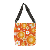 Flower Power Groovy Orange, Mod Daisy, Yellow Flowers Hip Retro Adjustable Tote Bag Bags