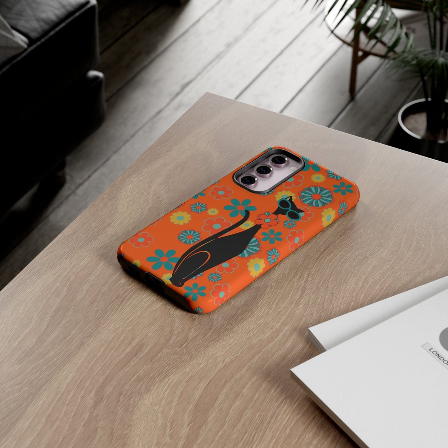 Flower Power, Retro Groovy Atomic Cat, Hipster Style Orange Samsung Galaxy and Google Pixel Tough Cases Phone Case