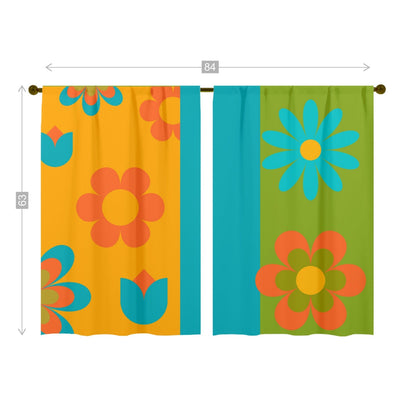 Flower Power Retro Orange, Green Blue Window Curtains (two panels) Curtains