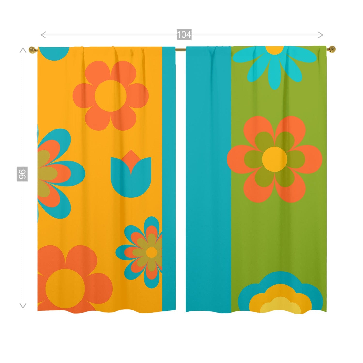 Flower Power Retro Orange, Green Blue Window Curtains (two panels) Curtains