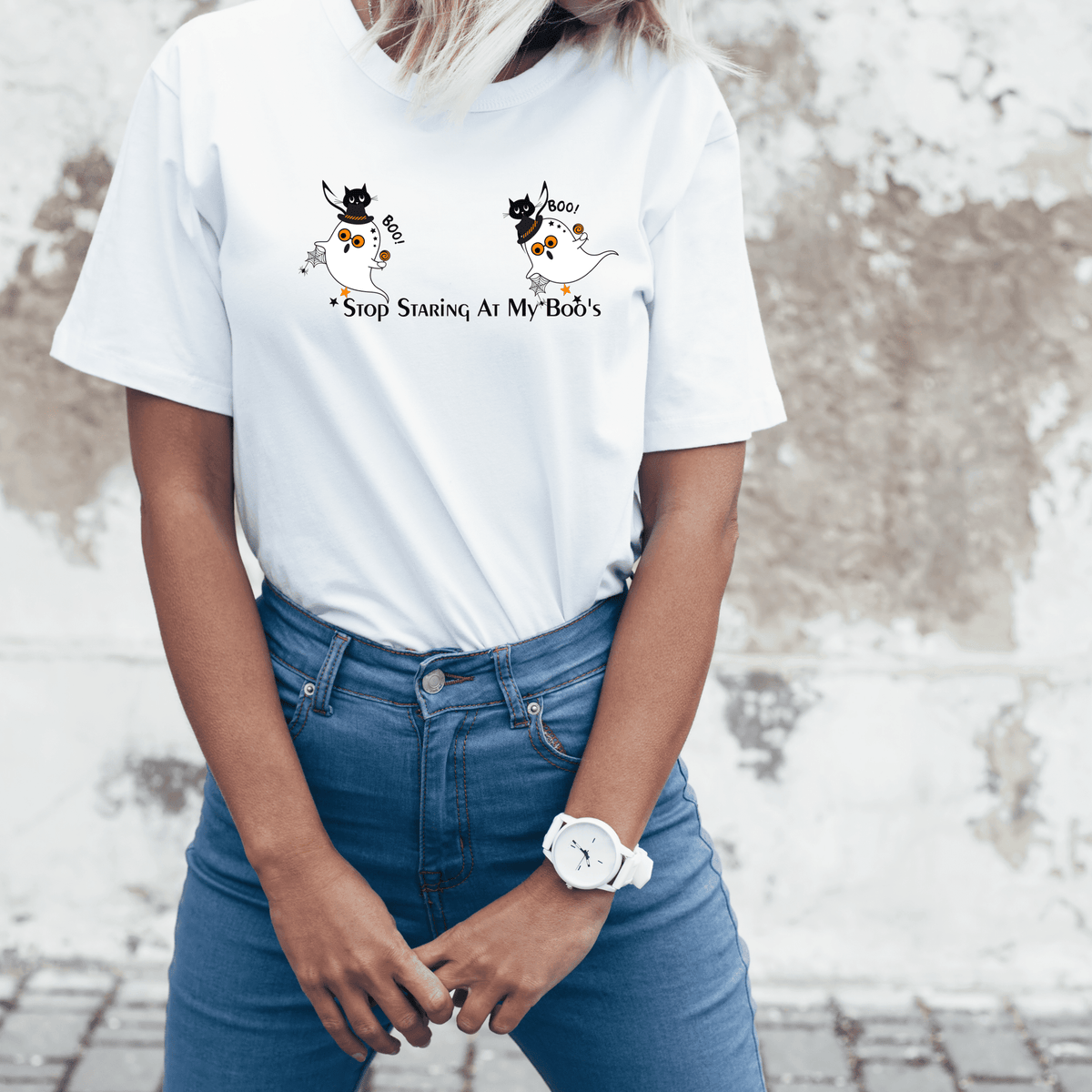 Funny Halloween Retro Shirt, Stop Staring At My Boo's Halloween Party Ghosts, Atomic Cats, Modern Unisex T-Shirt T-Shirt