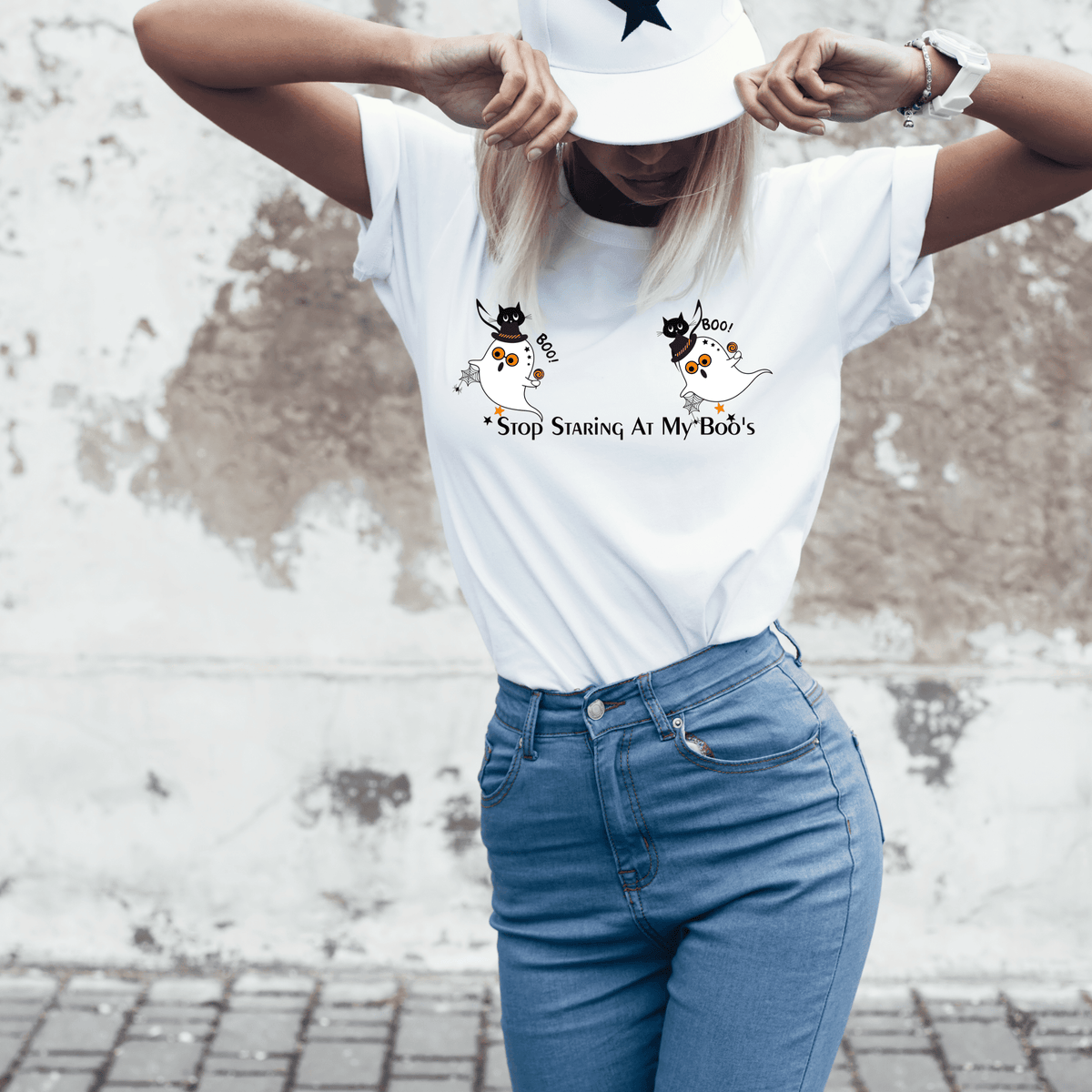 Funny Halloween Retro Shirt, Stop Staring At My Boo's Halloween Party Ghosts, Atomic Cats, Modern Unisex T-Shirt T-Shirt