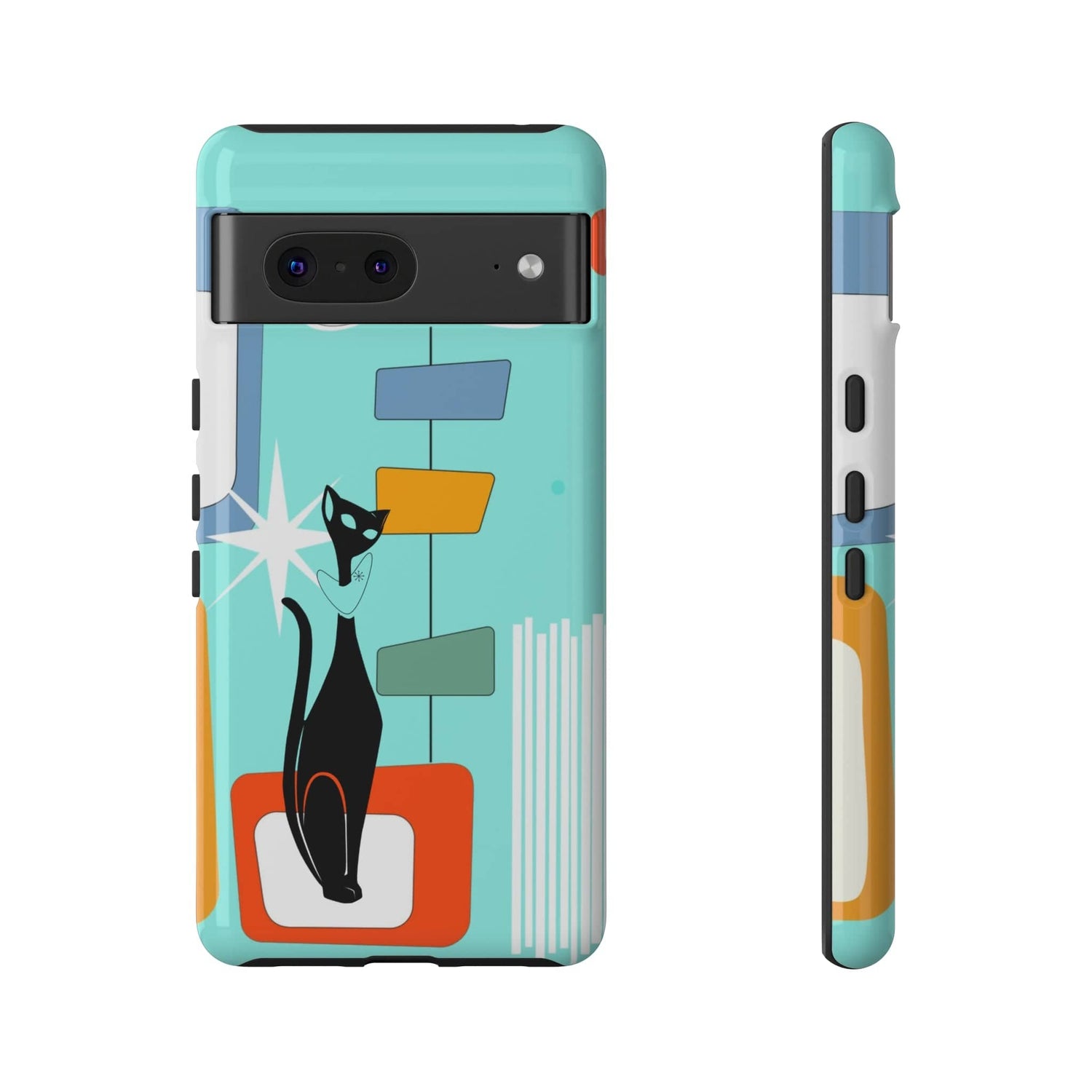Atomic Cat, Mid Mod Aqua Blue, Geometric, Samsung, Google Pixel, Tough Cases Phone Case Google Pixel 7 / Glossy