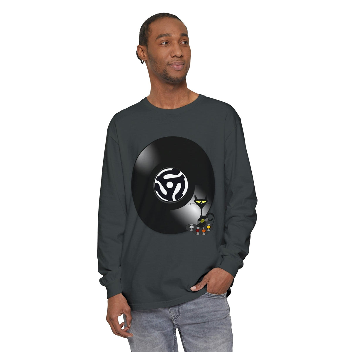 45 Rpm Vinyl Record, Cool Atomic Cat, Music Lover, DJ Spinning Unisex Long Sleeve T-Shirt Long-sleeve Graphite / S