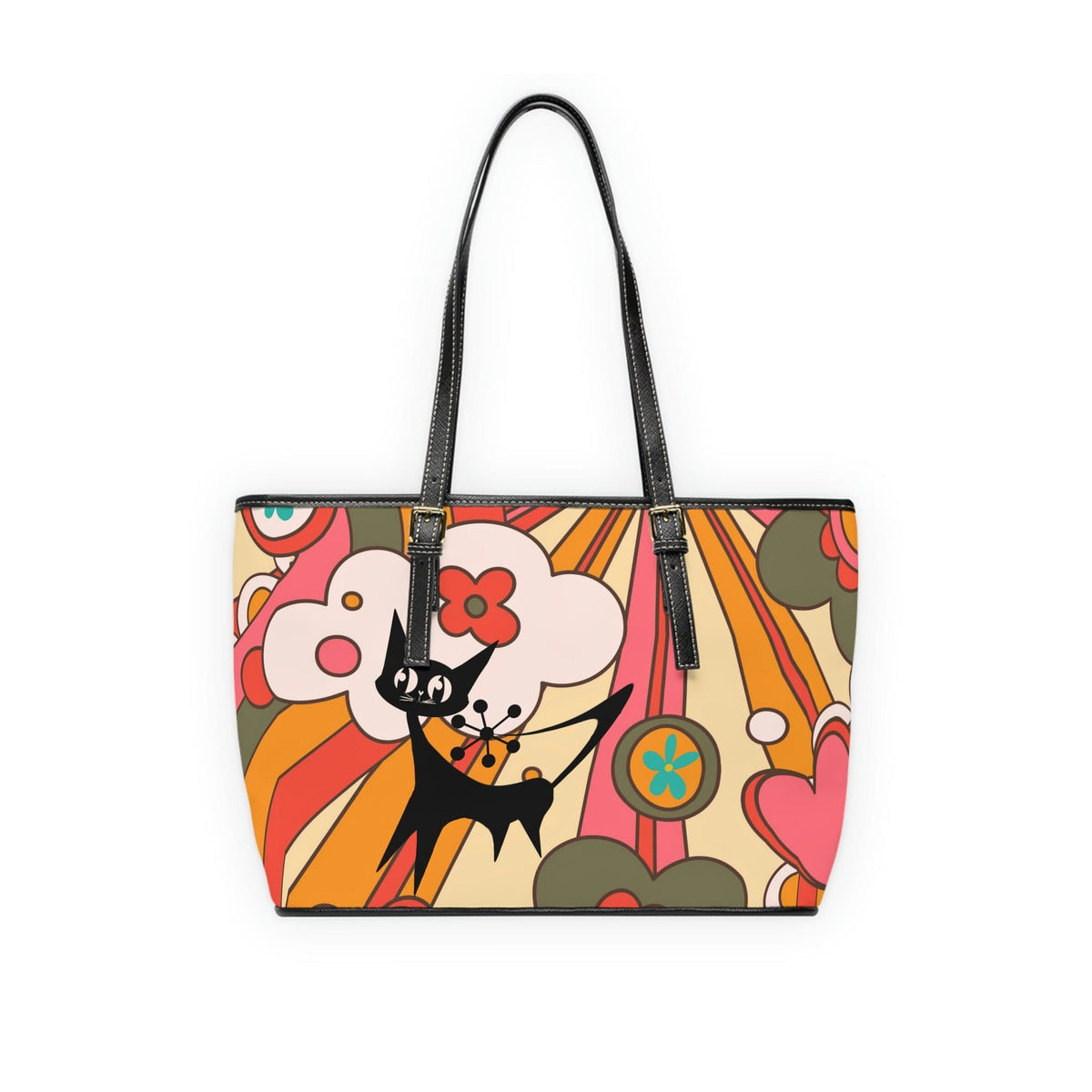 Groovy 70's Atomic Kitschy Cat, Retro Sun, Floral Fun And Funky Leather Shoulder Bag Bags
