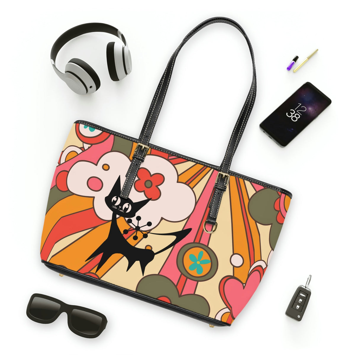 Groovy 70's Atomic Kitschy Cat, Retro Sun, Floral Fun And Funky Leather Shoulder Bag Bags