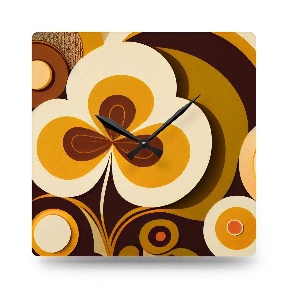 Groovy 70's Flower Power, Harvest Gold, Brown, Retro Funky Acrylic Wall Clock Home Decor