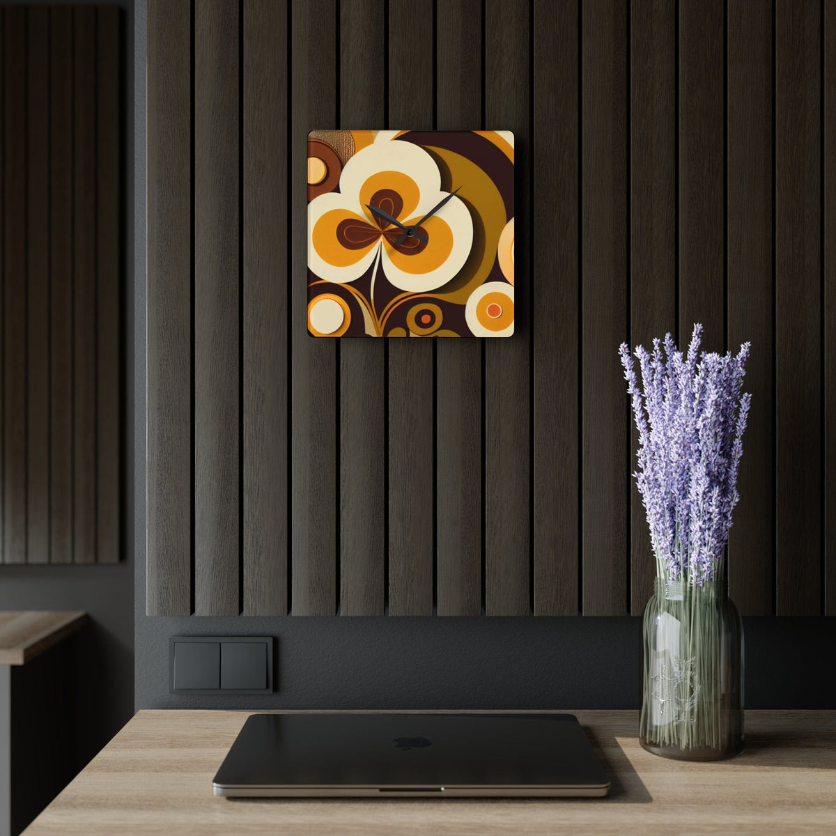Groovy 70's Flower Power, Harvest Gold, Brown, Retro Funky Acrylic Wall Clock Home Decor