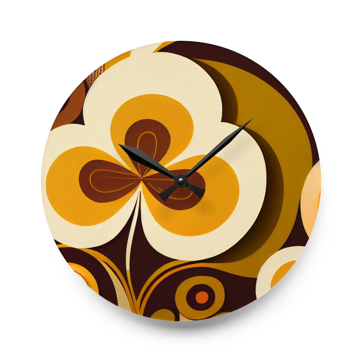 Groovy 70's Flower Power, Harvest Gold, Brown, Retro Funky Acrylic Wall Clock Home Decor