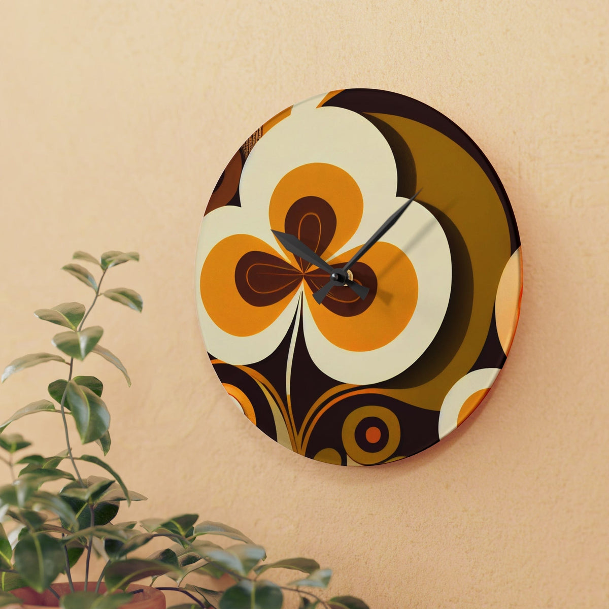 Groovy 70's Flower Power, Harvest Gold, Brown, Retro Funky Acrylic Wall Clock Home Decor
