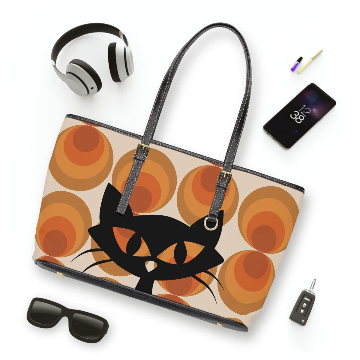 Groovy 70's Retro Orbs With Atomic Kitty Cat, Kitschy Fun Shoulder Bag Bags