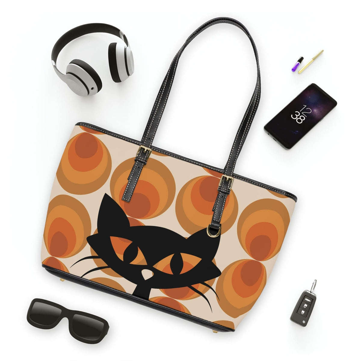 Groovy 70's Retro Orbs With Atomic Kitty Cat, Kitschy Fun Shoulder Bag Bags
