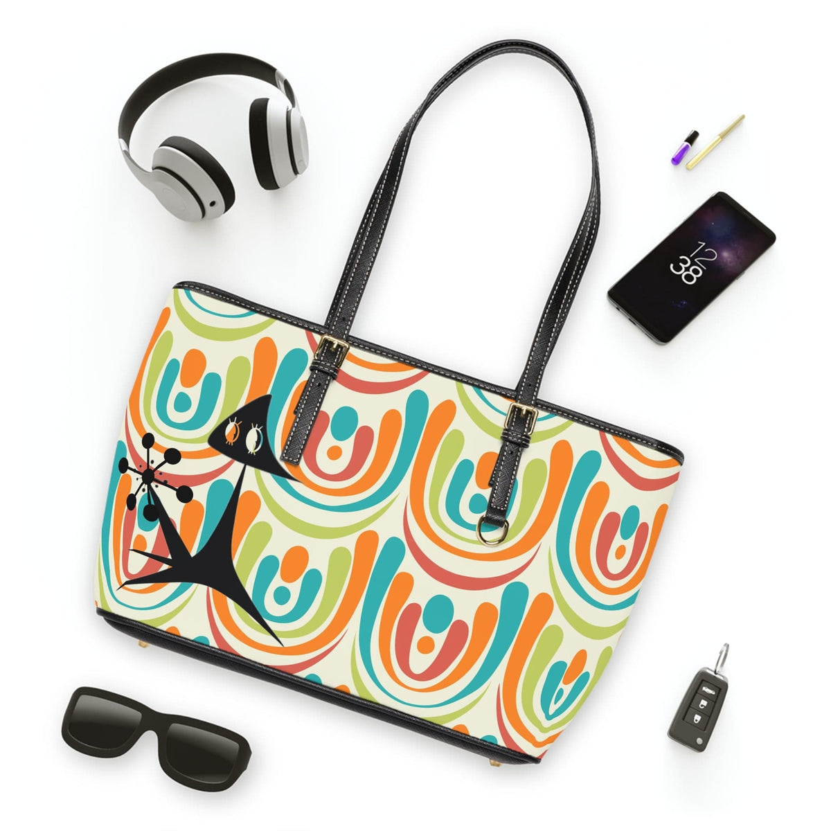 Groovy Cat, I Love You, Retro Mid Mod Leather Shoulder Bag Bags