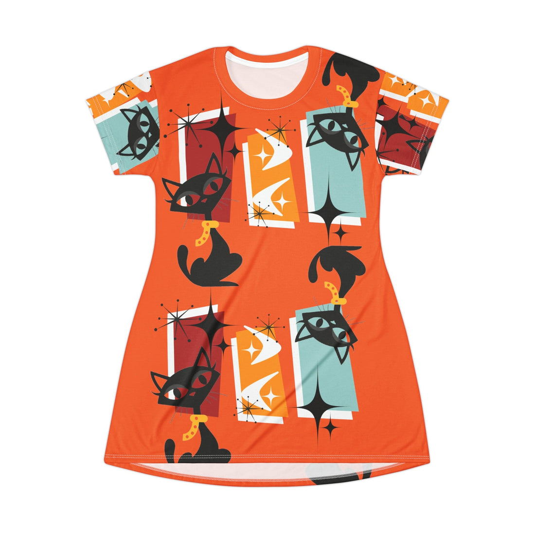 Groovy Retro Apparel, Atomic Kitschy Fun Cats, Disco Party, Retro Party,  Mod Hipster T-Shirt Dress All Over Prints