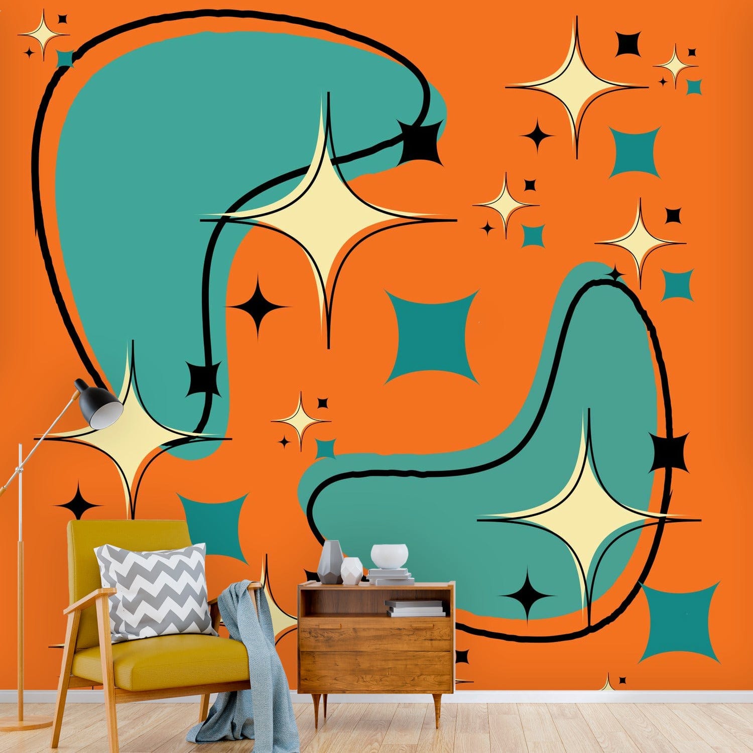 Mid Century Modern, Atomic Boomerang, Starburst, Teal, Orange Peel And Stick Wall Murals Wallpaper H110 x W120