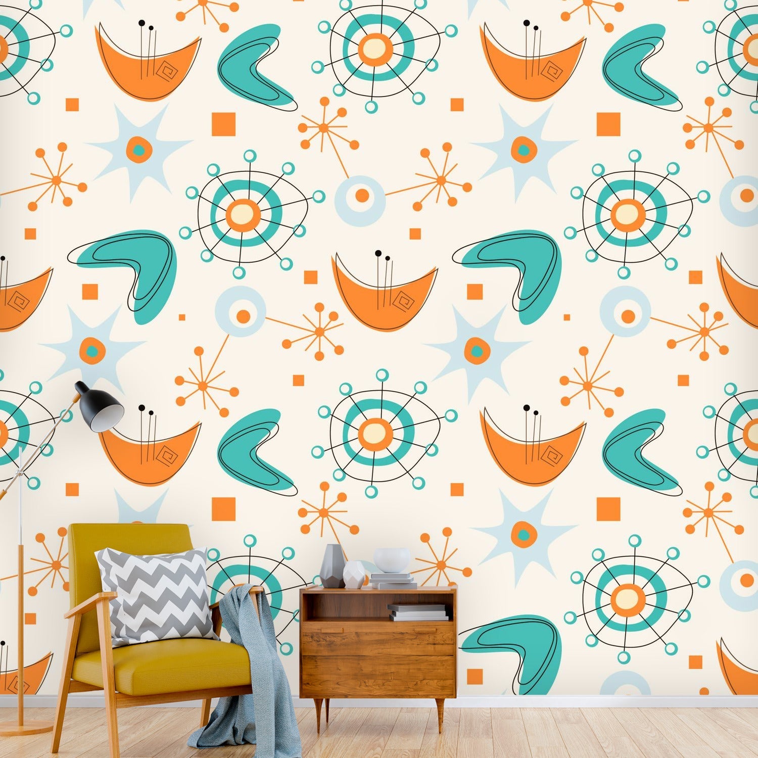 Mid Century Modern Atomic Boomerange, Wallpaper, Peel And Stick, Orange, Teal Beige Wall Murals Wallpaper H110 x W120