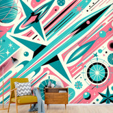 Mid Century Modern Atomic Space, Pink, Aqua, Modern Peel And Stick Wall Murals Wallpaper H110 x W120 Mid Century Modern Gal