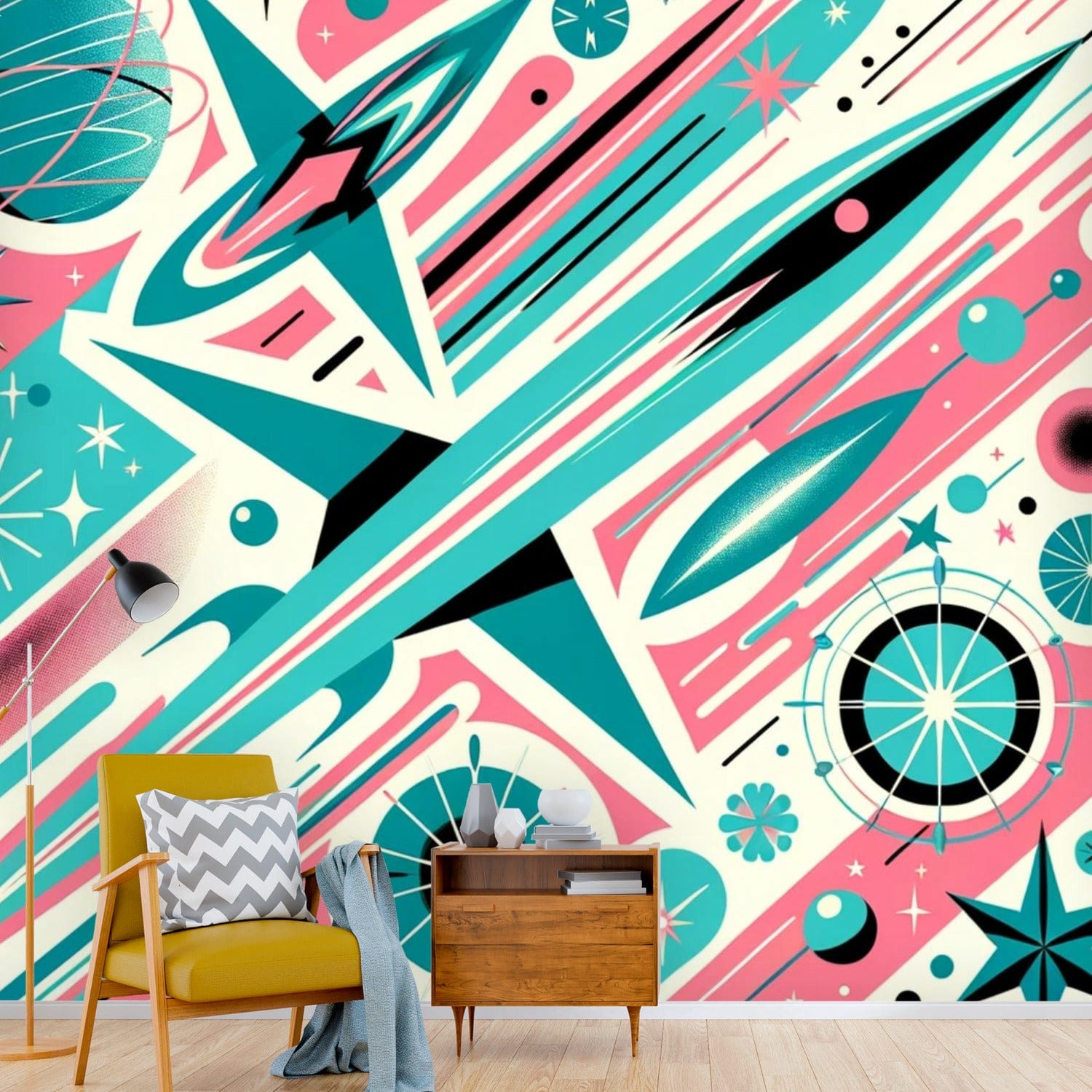 Mid Century Modern Atomic Space, Pink, Aqua, Modern Peel And Stick Wall Murals Wallpaper H110 x W120