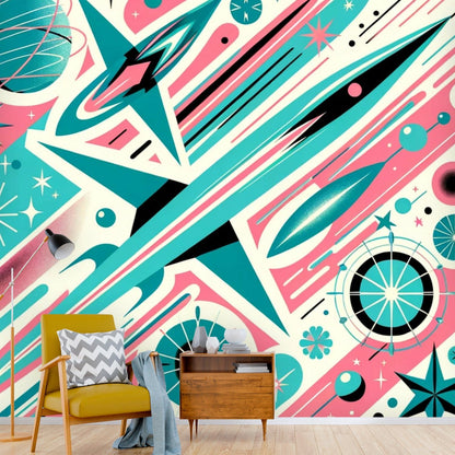 Mid Century Modern Atomic Space, Pink, Aqua, Modern Peel And Stick Wall Murals Wallpaper H110 x W120