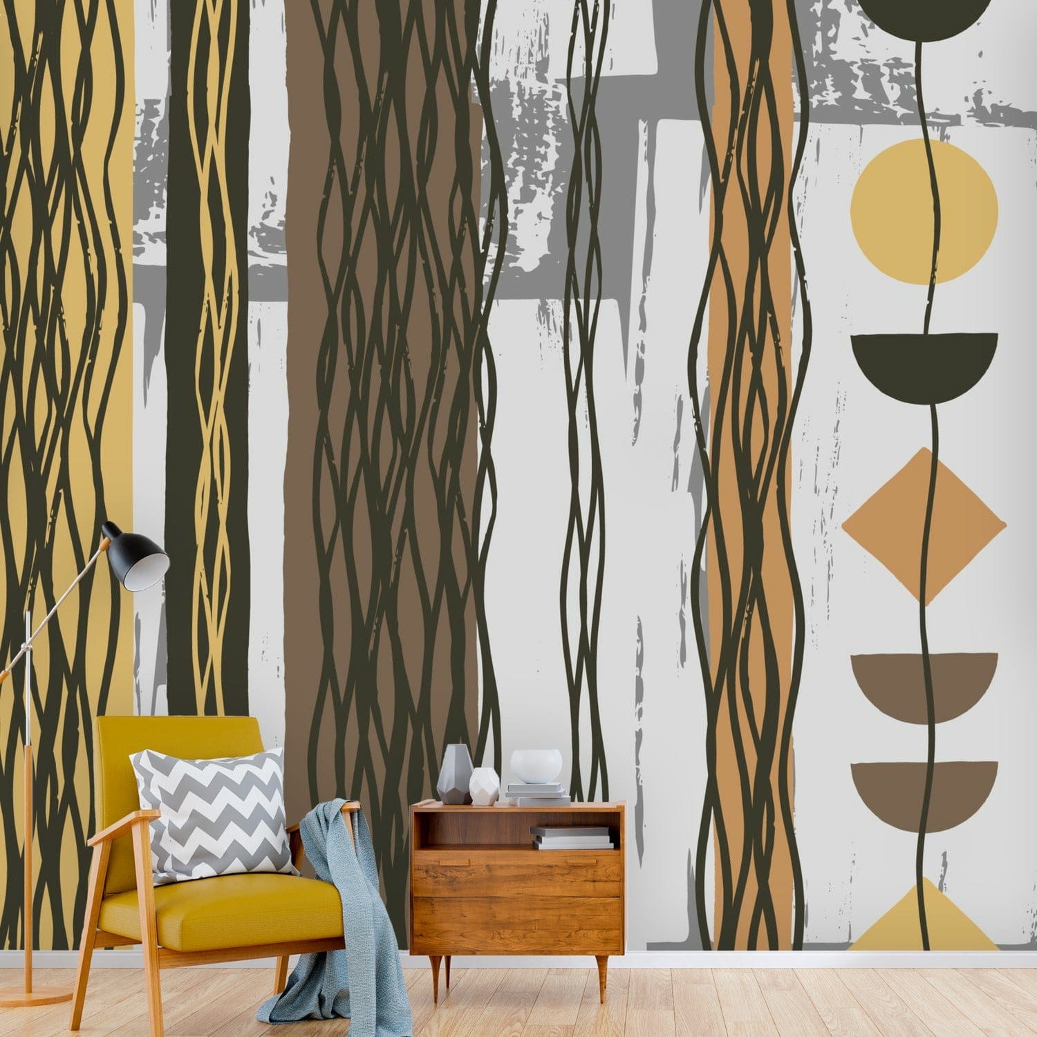 Mid Century Modern Boho Abstract, Retro Brown, Yellow, White, Gray Peel And Stick Wall Murals Wallpaper H110 x W120