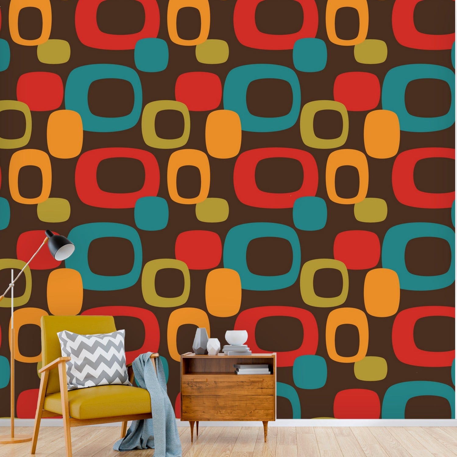 Mid Century Modern Chocolate Brown, Geometric, Retro Peel And Stick Wallpaper Wall Murals Wallpaper H110 x W120