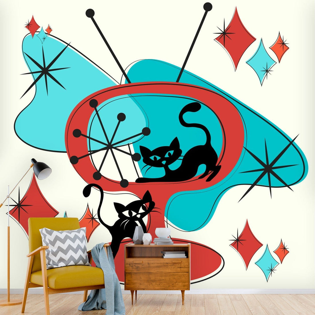 Mid Century Modern Designed, Kitschy Cats, Retro TV, Office, Livingroom, Bedroom, Peel And Stick Wall Murals Wallpaper H110 x W120