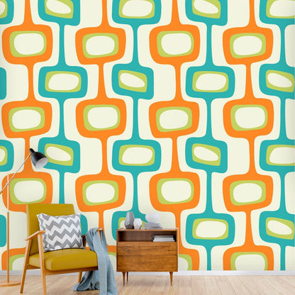 Mid Century Modern, Googie Designs, Orange, Green, Teal Blue Peel And Stick Wall Murals Wallpaper H110 x W120