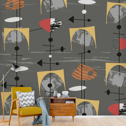 Mid Century Modern Gray, Mustard Yellow, Abstract, Geometric Peel And Stick Wall Murals Wallpaper H110 x W120