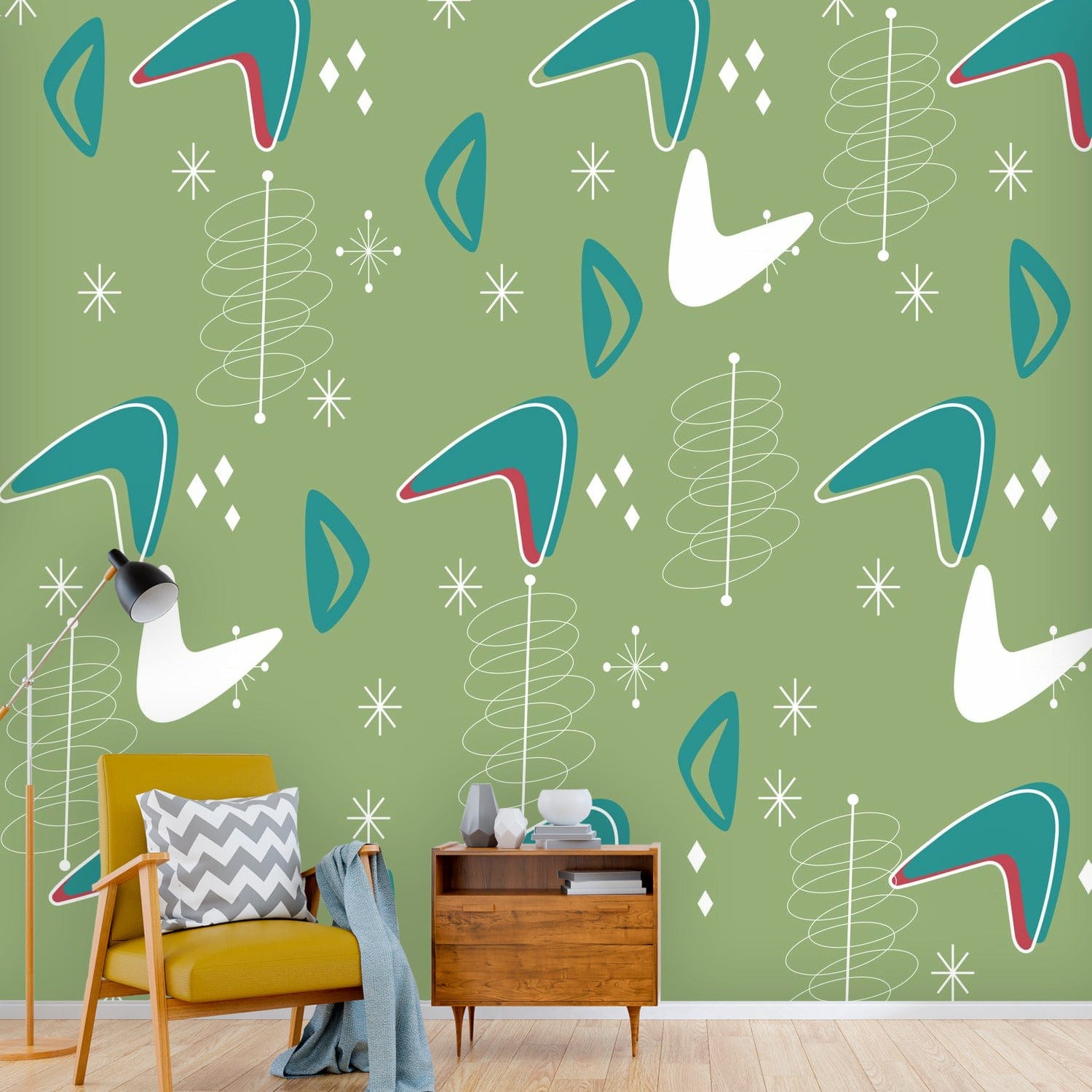 Mid Century Modern Green, Teal Boomerange Starburst MCM Wallpaper Peel And Stick Wall Murals Wallpaper H110 x W120