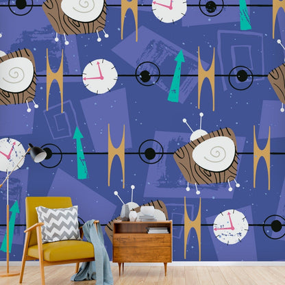 Mid Century Modern, Kitschy Fun Periwinkle, Abstract Retro TV Peel And Stick Wall Murals Wallpaper H110 x W120