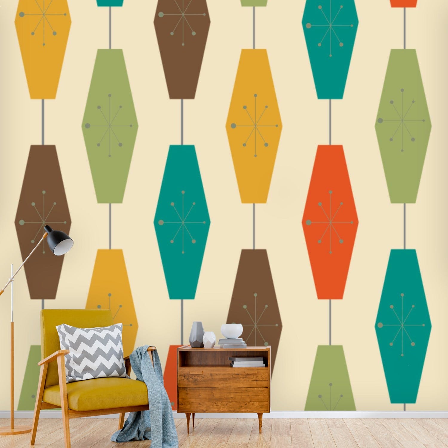 Mid Century Modern Peel And Stick, Retro Geometric Groovy Lights, Atomic Starburst Pattern Wall Murals Wallpaper H110 x W120