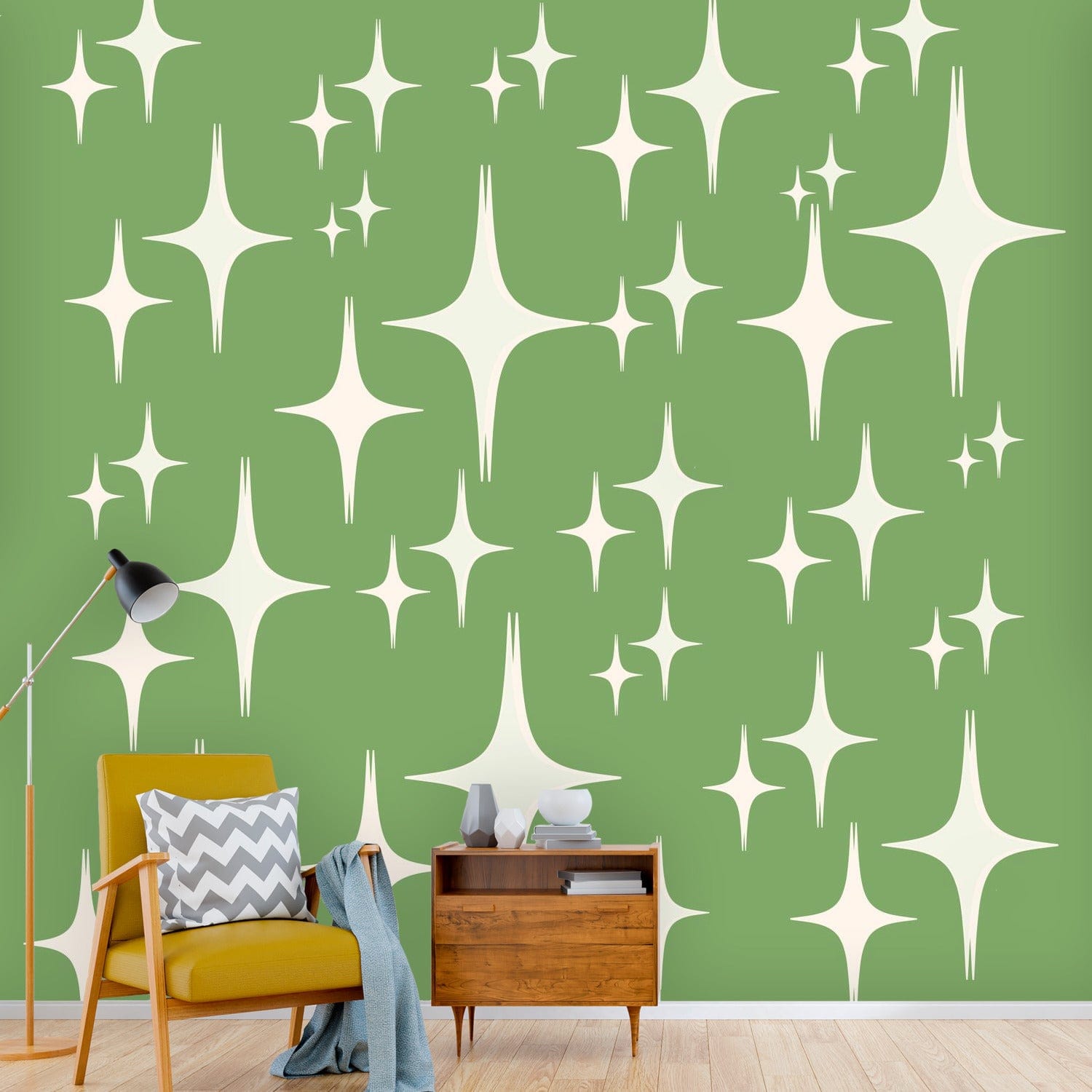Mid Century Modern Wallpaper, Atomic Starbursts, Green 50&