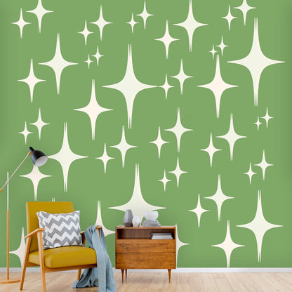 Mid Century Modern Wallpaper, Atomic Starbursts, Green 50&