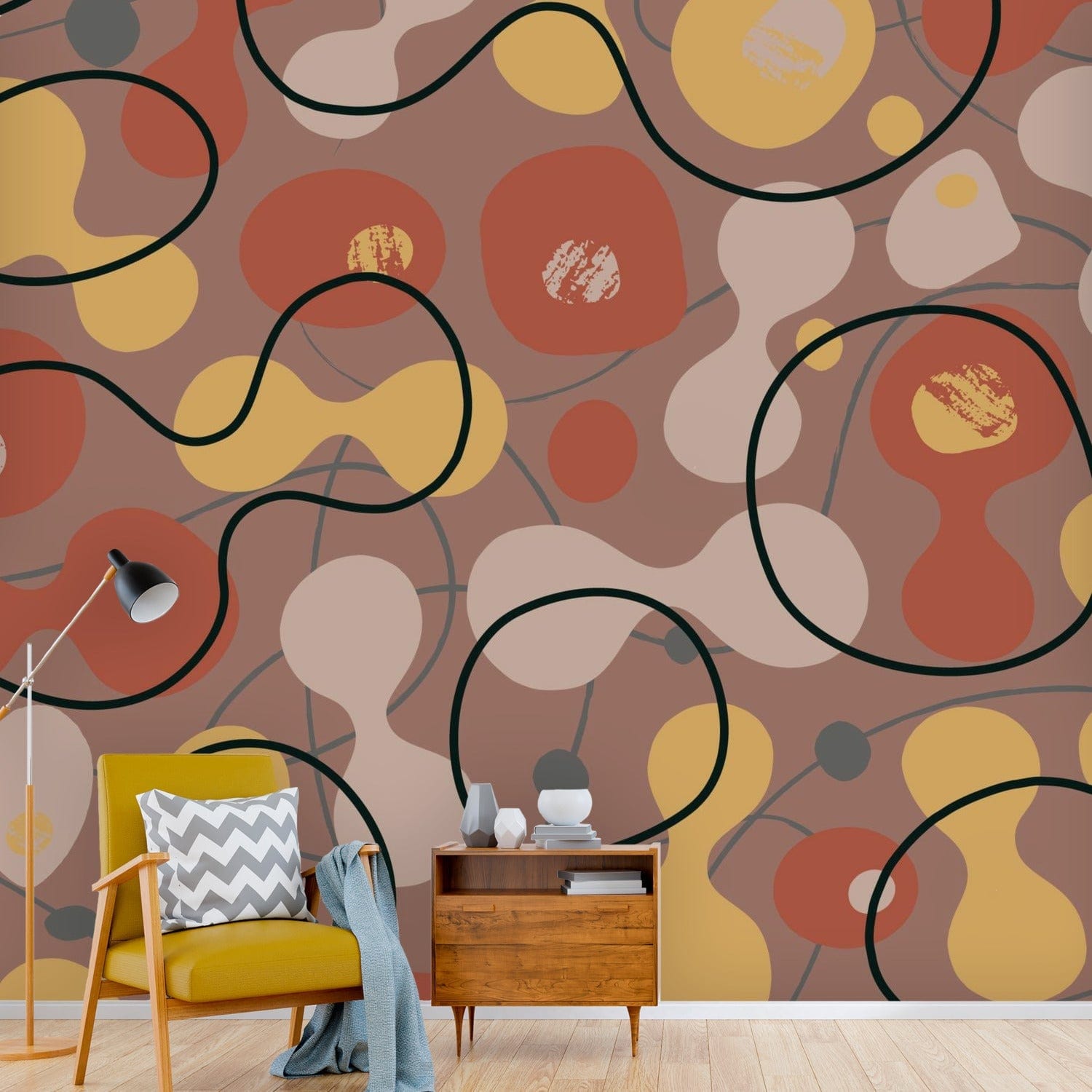 Mid Century Modern Wallpaper Boho Abstract Geometric, Brown, Yellow, Black, Beige, Terracotta Retro Peel And Stick Wallpaper Wallpaper H110 x W120