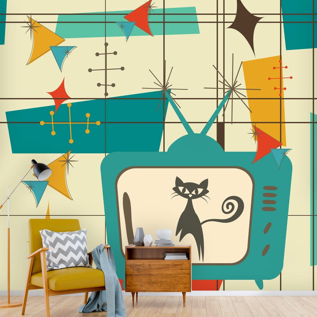 Mid Century Modern Wallpaper, Geometric, Space Atomic Cat, Kitschy Peel And Stick Wall Murals Wallpaper H110 x W120
