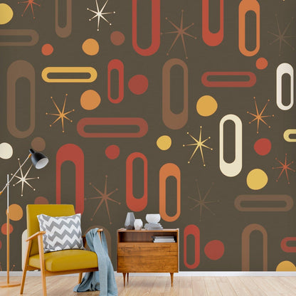 Mid Century Modern Wallpaper, Peel And Stick, Chocolate Brown, Atomic Starburst Wall Murals Wallpaper H110 x W120