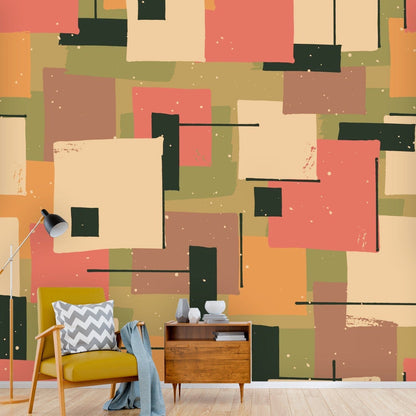 Mid Century Modern Wallpaper, Salmon, Green, Black, Orange, Geometric Retro Peel And Stick Wallpaper H110 x W120